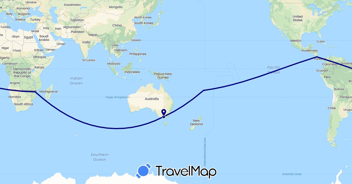TravelMap itinerary: driving in Australia, Costa Rica, Fiji, Mozambique (Africa, North America, Oceania)